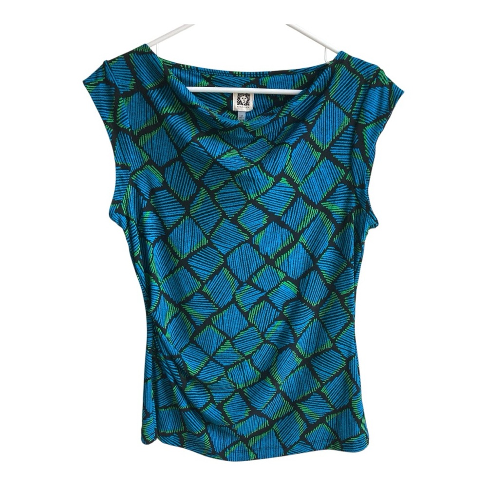 Anne Klein Blue and Green Geometric Women's Top Cap Sleeves Size M